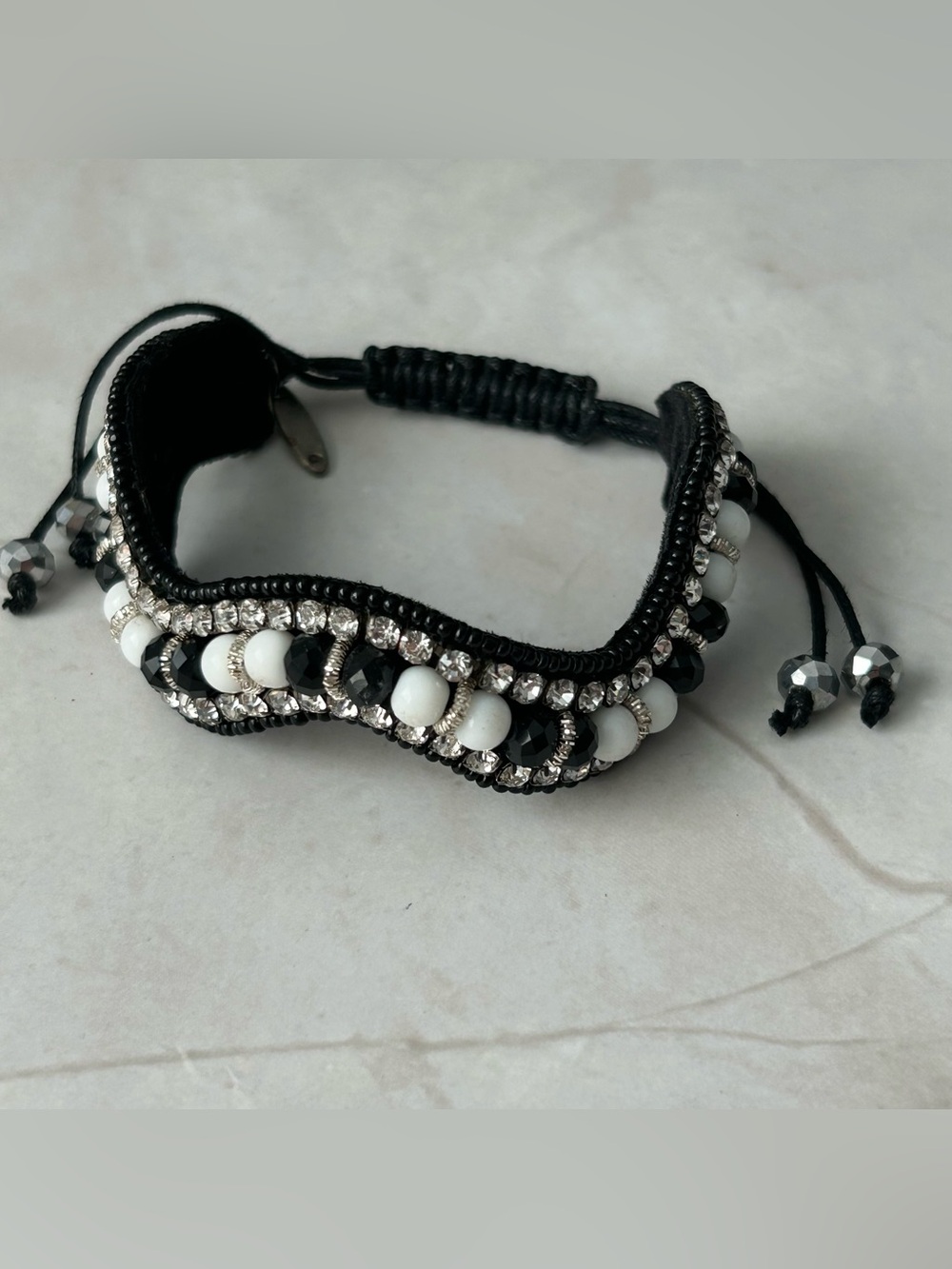 Beaded Black and White Macramé Bracelet with Crystal Accents